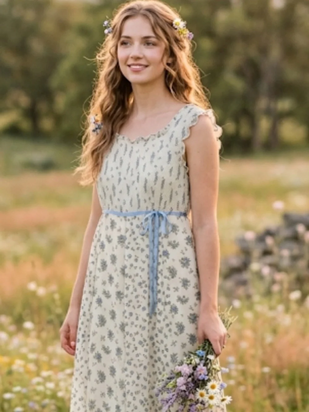 Vintage Canlemon Floral Midi Dress Cottagecore Lace Trim Blue White  - Size L